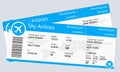 Plane ticket template. Airplane flight ticket blank. Boarding pass. Travel by plane concept with 2 tickets. Vector illustration. Royalty Free Stock Photo